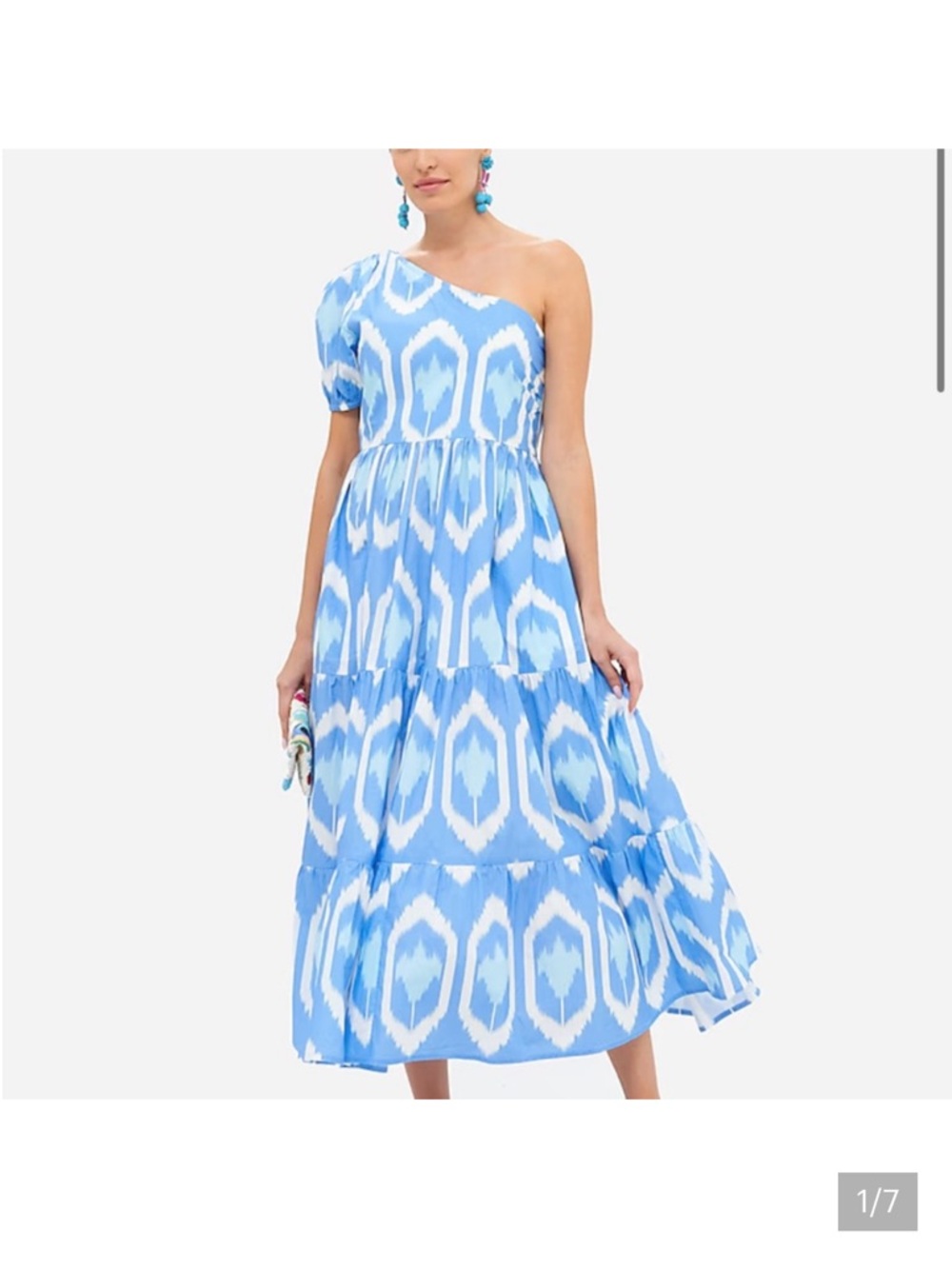 Oliphant Blue and White Asymmetrical One Shoulder Dress